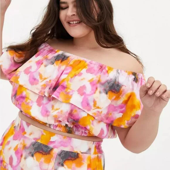 Torrid Multi Watercolor Tie-Dye Off-Shoulder Ruffled Neckline Top Size 2X Boho - Picture 1 of 11